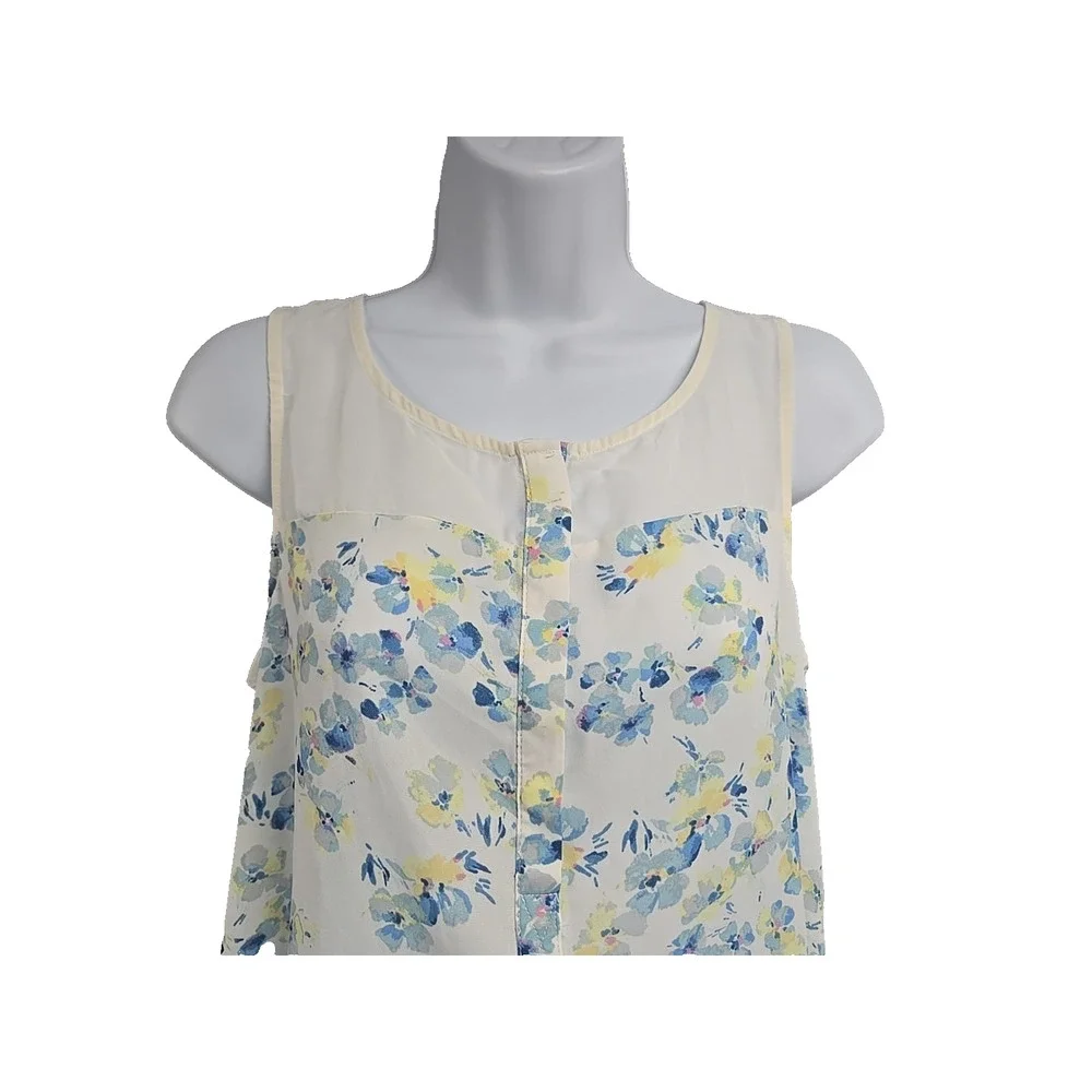 Lauren Conrad Womens Sleeveless Floral Blouse White Blue Yellow Boho Size S